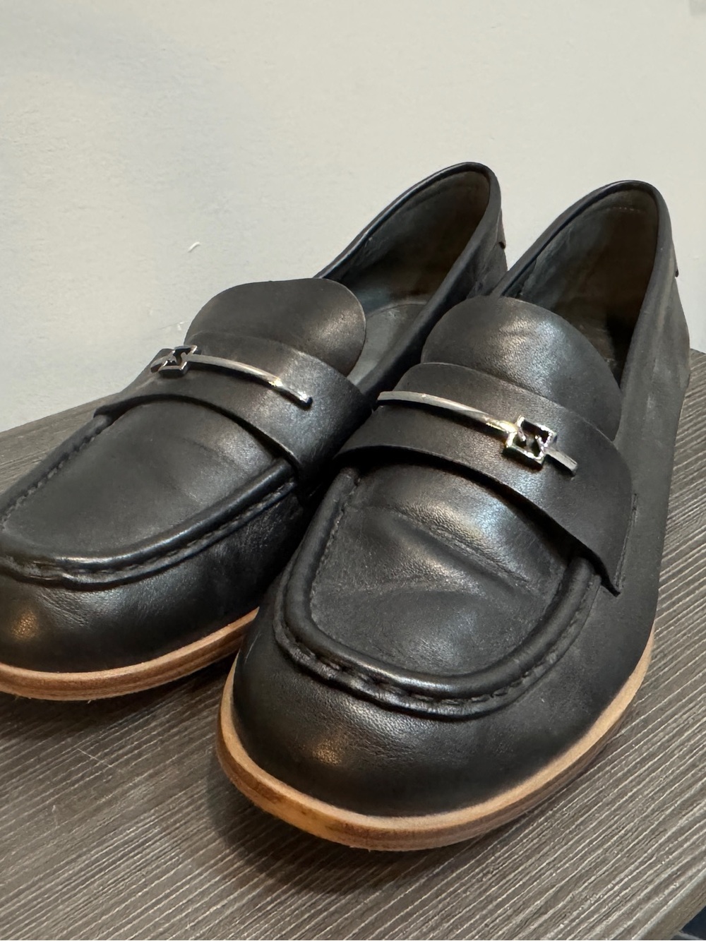 Franco Sarto Black Leather Women's Loafers with Silver Accent